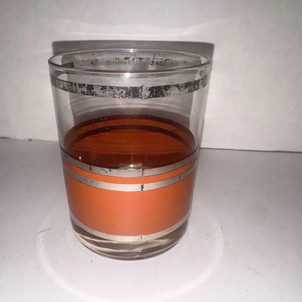 Set 4 Georges Briard Orange Silver Stripe Mid Century Rocks Glasses MCM Signed